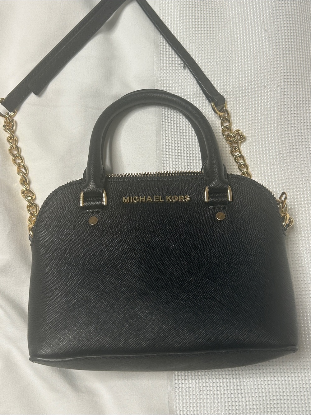 Michael Kors Black Saffiano Leather Satchel with Gold Chain Strap